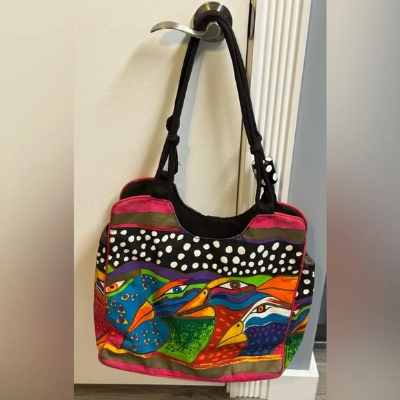Laurel Burch Sky Spirit Birds Canvas Large Shoulder Bag Tote bird weekender - Picture 2 of 12
